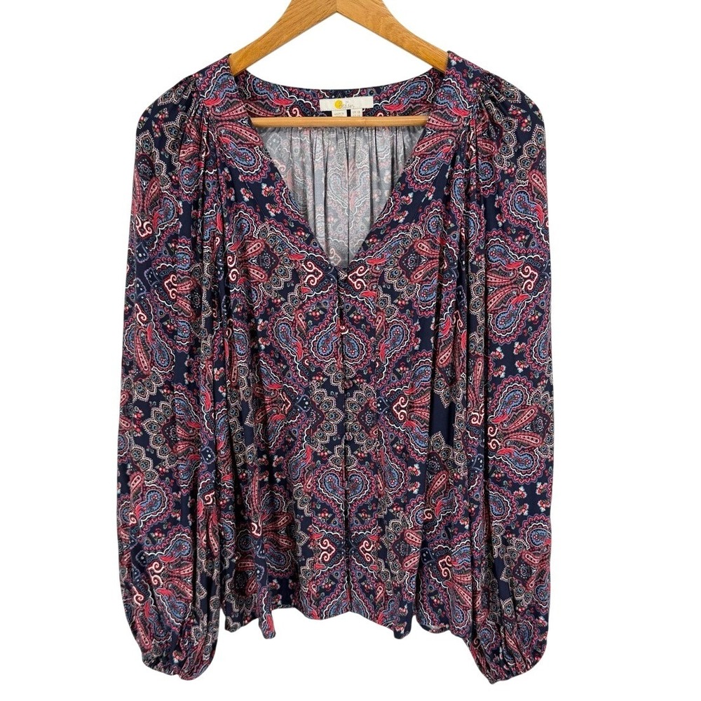 Boden Womens Size 14 Blouse Long Balloon Sleeve Paisley Boho Peasant Top Flowy